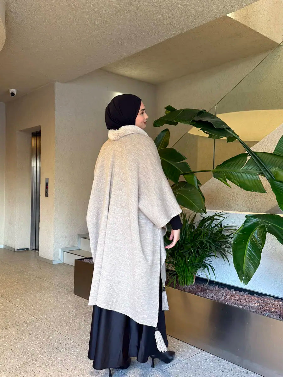 Fur Collar Knit Cape | Winter Warm Cape with Fur Neckline