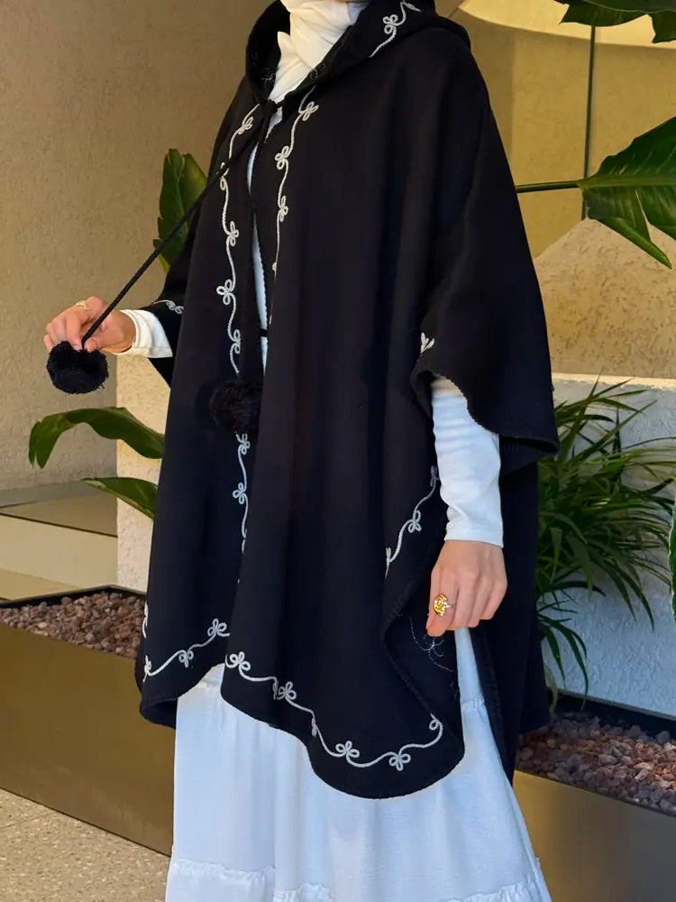 Embroidered & Hooded Winter Knit Cape
