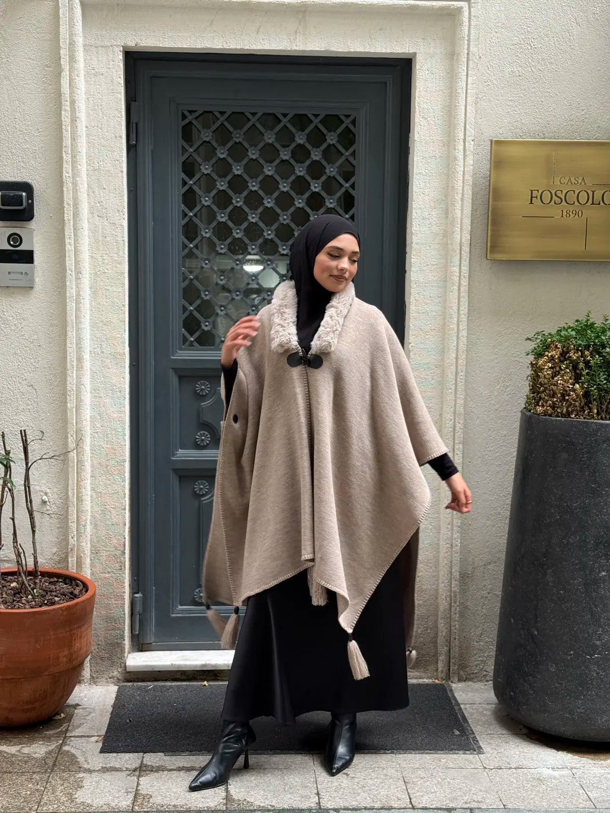 Fur Collar Knit Cape | Winter Warm Cape with Fur Neckline