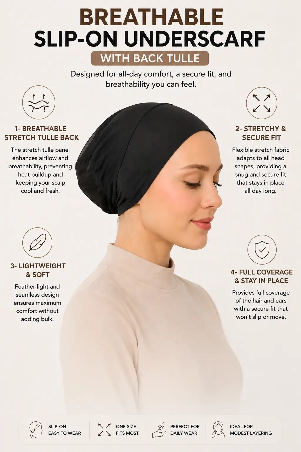 Breathable slip-on underscarf with a back tulle, stretchy, soft Bone